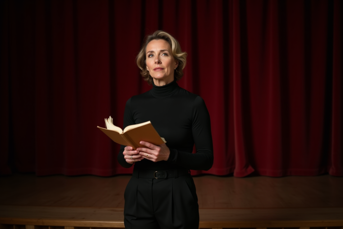 actrice-theatre-classique Actrice en scène dans un théâtre historique avec script à la main