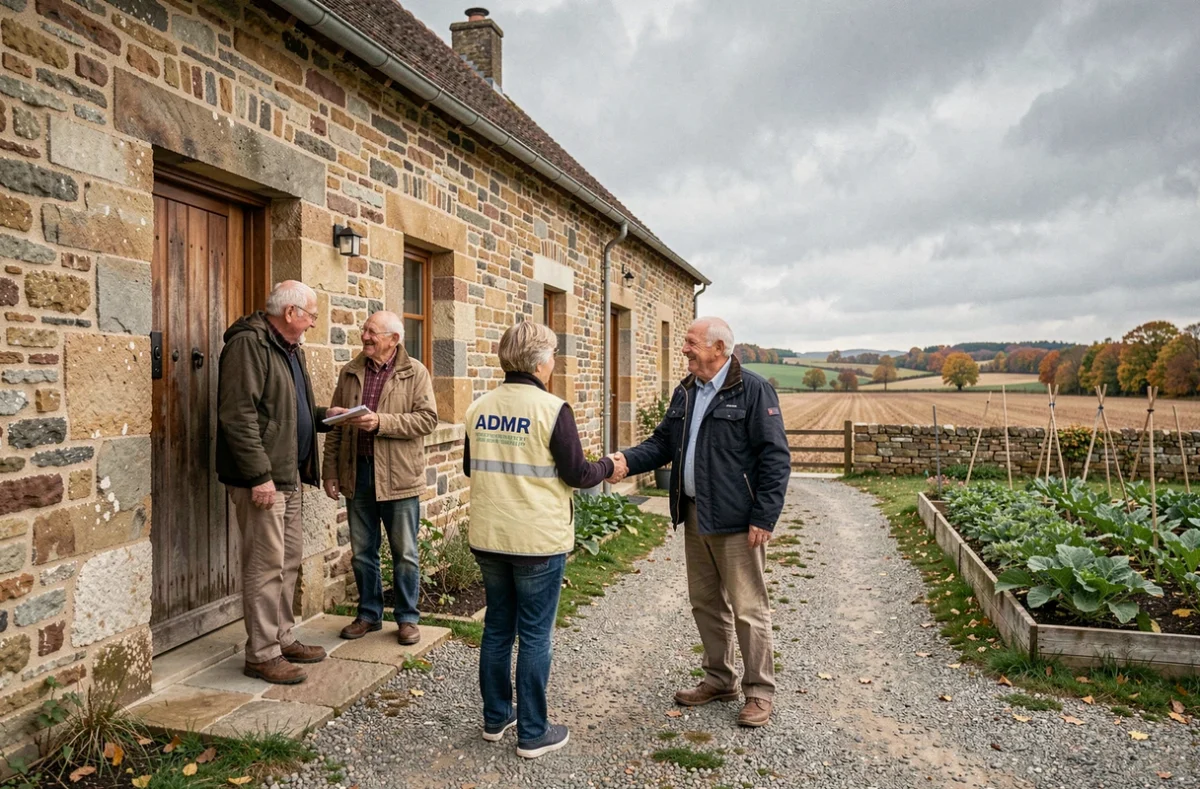 Une intervenante de l'ADMR Grand Est accueille un couple de retraités ruraux devant leur ferme lorraine, illustrant l'aide associative en milieu rural