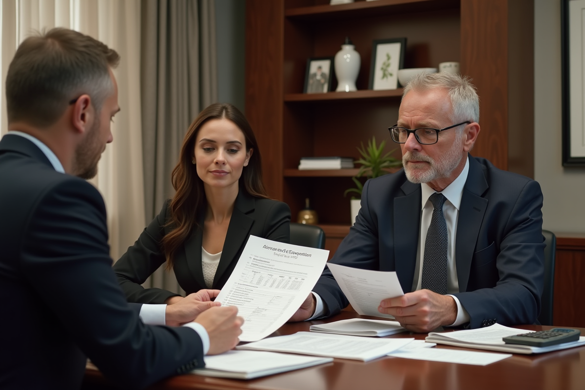 Agent funeraire présentant un devis à un couple dans un bureau