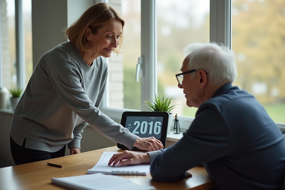 Aidante familiale montrant un calendrier électronique senior à grand affichage à un parent âgé
