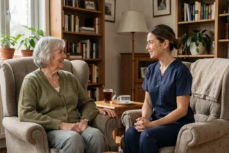 Aide à domicile senior : une aide-soignante accompagne une femme âgée à domicile dans son salon