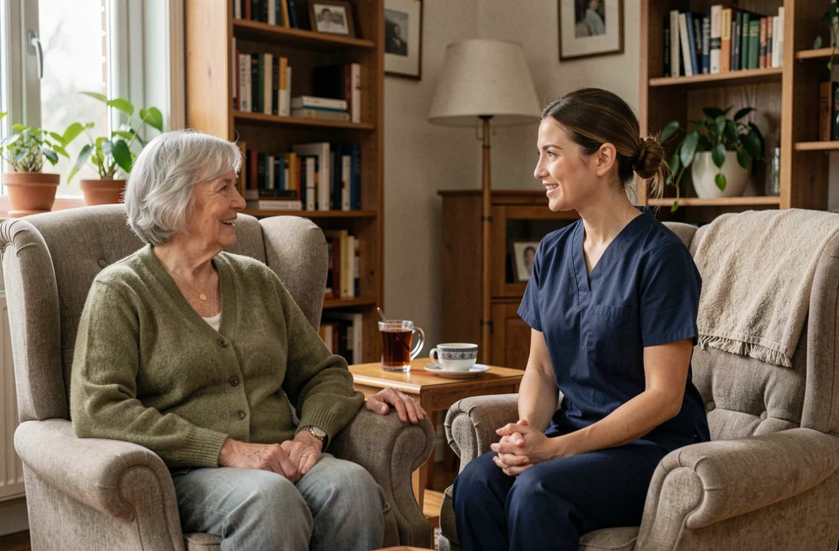 Aide à domicile senior : une aide-soignante accompagne une femme âgée à domicile dans son salon