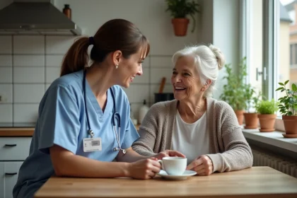 Aide à domicile ADMR accompagnant une personne âgée dans sa cuisine, illustrant le service d'aide aux personnes âgées