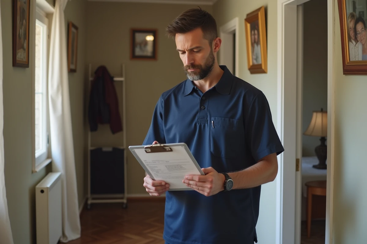 Un aide à domicile ADMR consulte son planning d'intervention dans le couloir d'un appartement, illustrant la gestion des heures de service