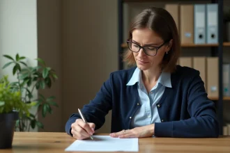 Une aide à domicile en cardigan marine vérifie une feuille de présence papier à son bureau, illustrant le suivi manuel des interventions