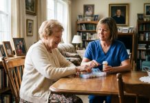 Femme senior souriante aidée par une aide à organiser ses médicaments