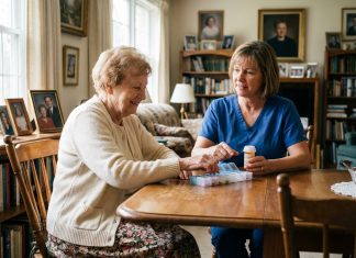 Femme senior souriante aidée par une aide à organiser ses médicaments