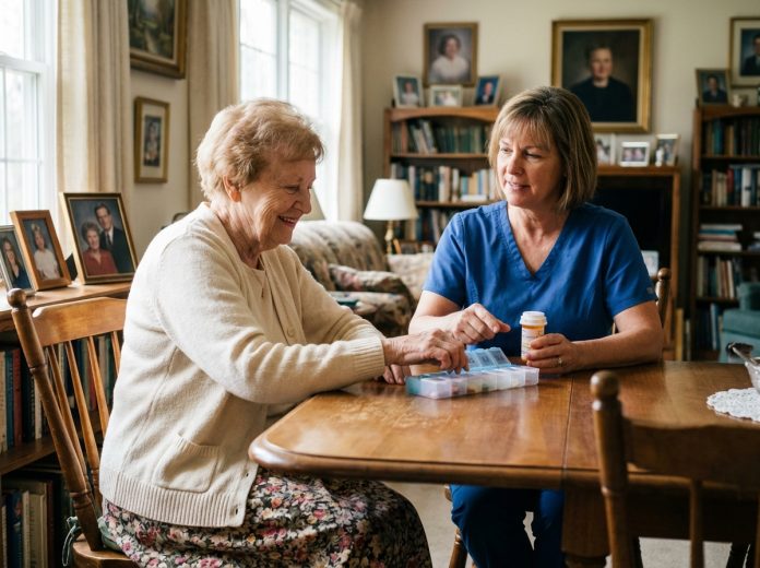 Femme senior souriante aidée par une aide à organiser ses médicaments