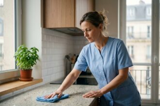 Aide ménagère professionnelle en uniforme nettoyant le plan de travail d'une cuisine moderne dans un appartement à Levallois-Perret