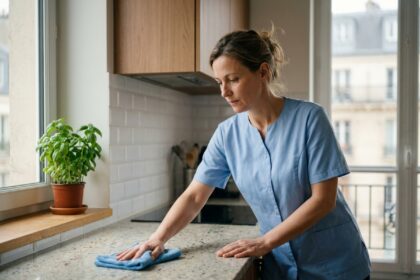 Aide ménagère professionnelle en uniforme nettoyant le plan de travail d'une cuisine moderne dans un appartement à Levallois-Perret