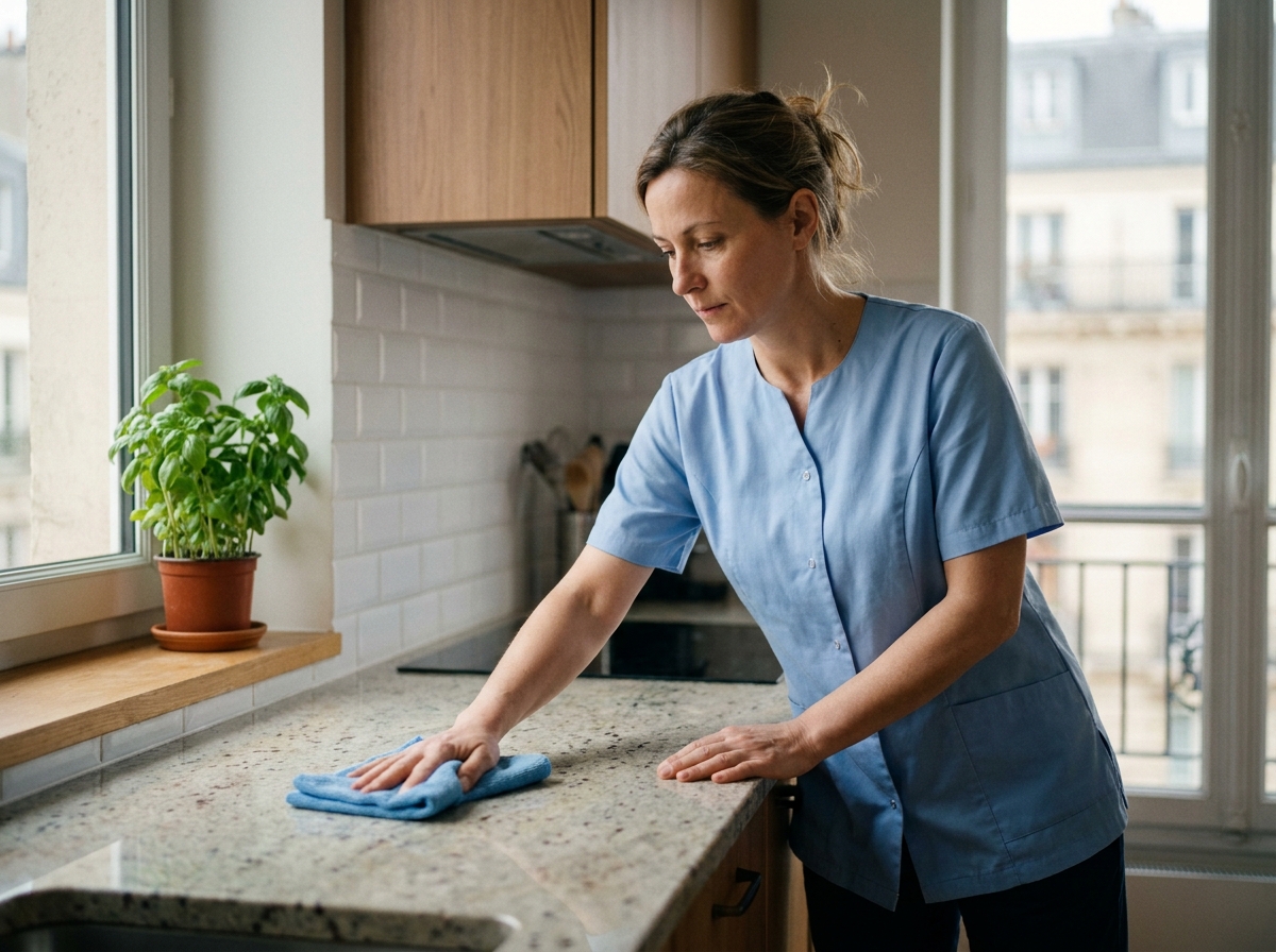 Aide ménagère professionnelle en uniforme nettoyant le plan de travail d'une cuisine moderne dans un appartement à Levallois-Perret