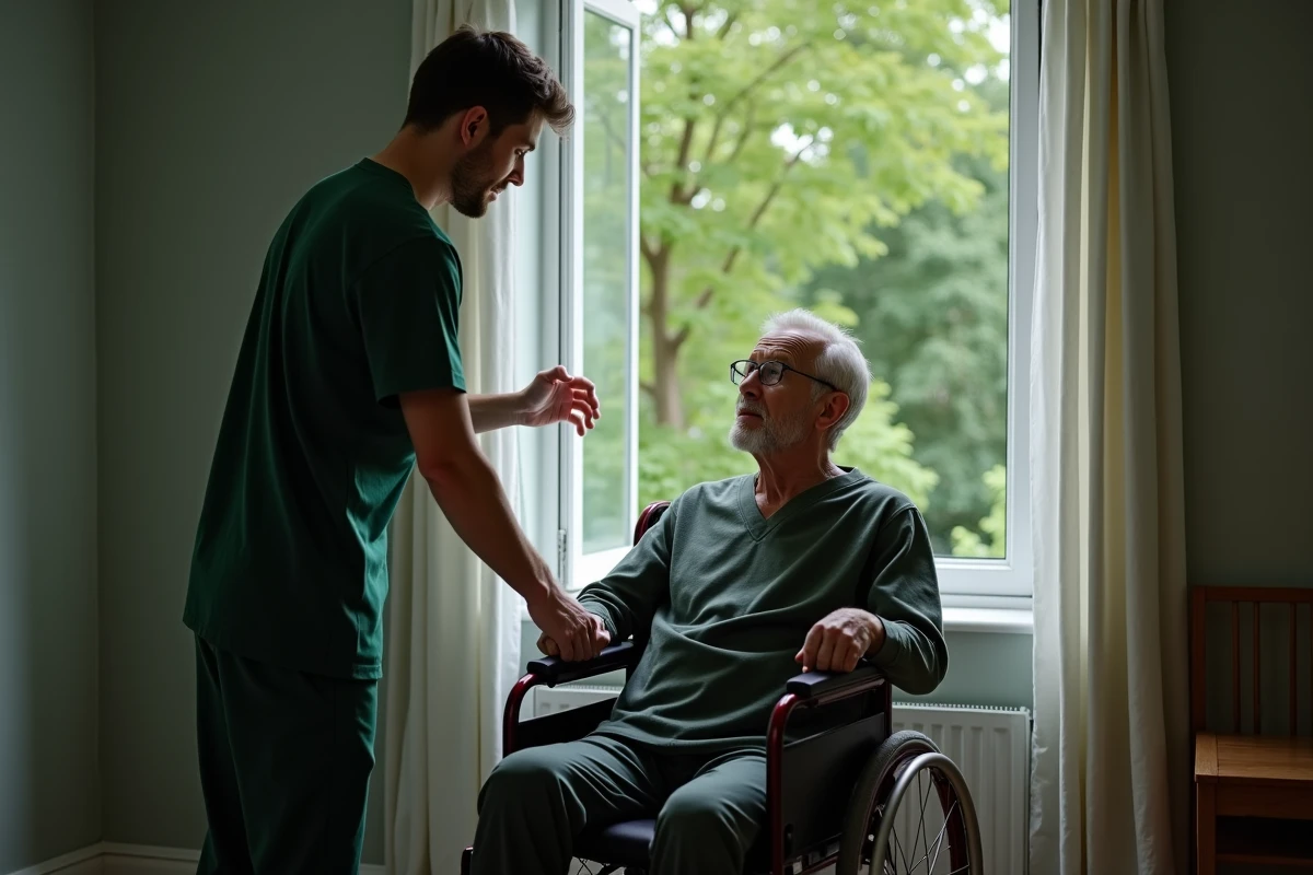 Aide-soignant réconfortant un homme en fauteuil roulant