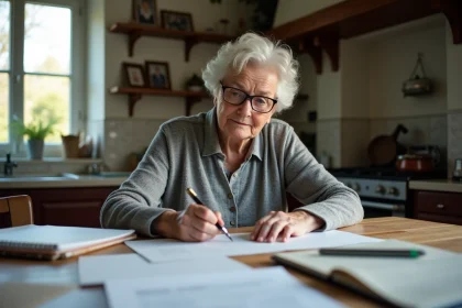 Une femme âgée assise à sa table de cuisine consulte des documents administratifs liés aux aides financières pour personnes dépendantes