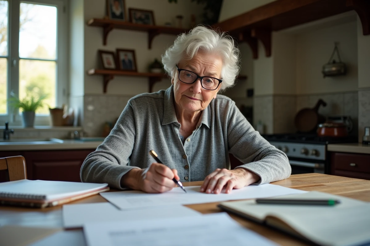 Une femme âgée assise à sa table de cuisine consulte des documents administratifs liés aux aides financières pour personnes dépendantes