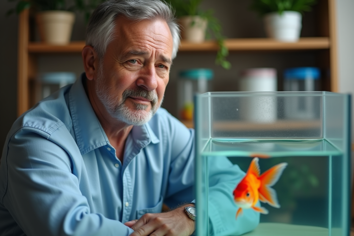 aquariophile-goldfish-confiance Aquariophile observant un poisson rouge dans un aquarium