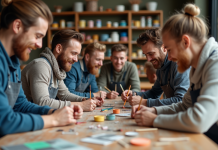 Groupe d'adultes en atelier créatif dans un studio artistique