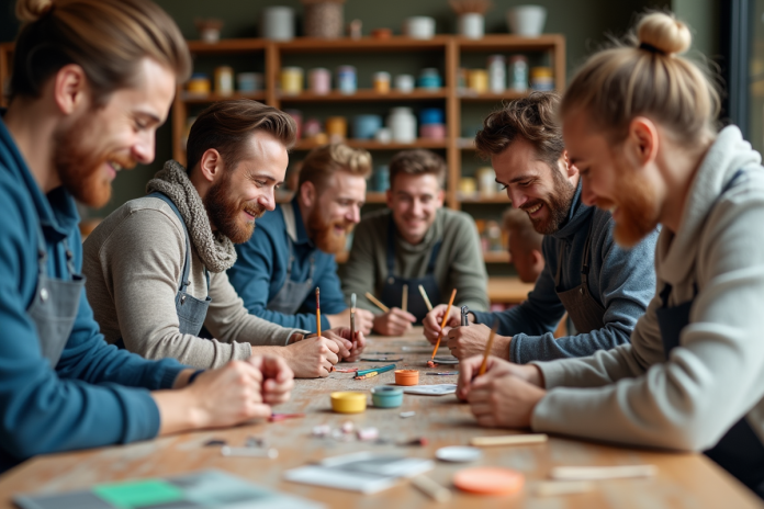 atelier-creatif-groupe-adultes Groupe d'adultes en atelier créatif dans un studio artistique