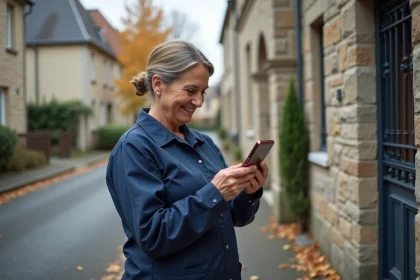 Une auxiliaire de vie en uniforme consulte une application mobile de suivi des temps de trajet devant une résidence, illustrant le suivi numérique des heures effectuées avec Philia ADMR.