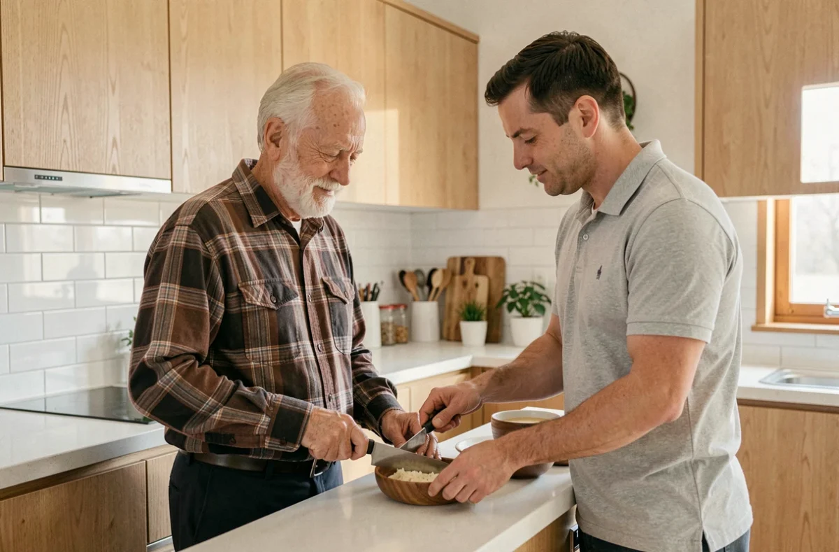 Service senior à domicile : un auxiliaire de vie aide un homme âgé à préparer son repas dans la cuisine