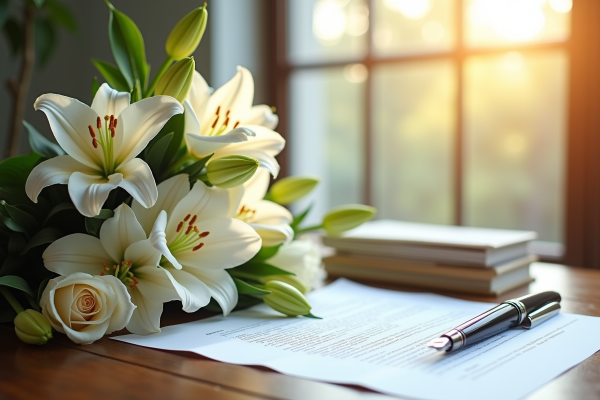 Bouquet de lys et roses blancs avec documents financiers sur une table en bois