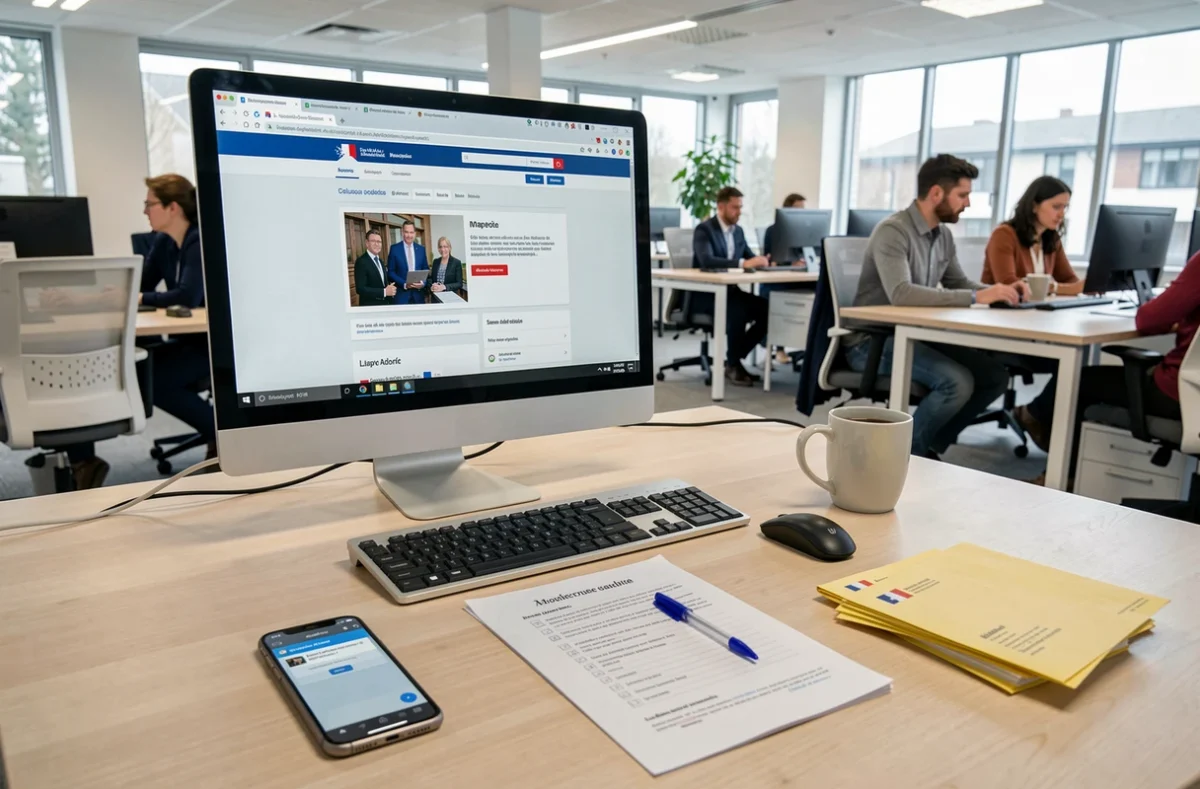 Bureau administratif d'une association tutélaire avec un ordinateur ouvert sur un portail numérique de gestion des mesures de protection, entouré de documents officiels