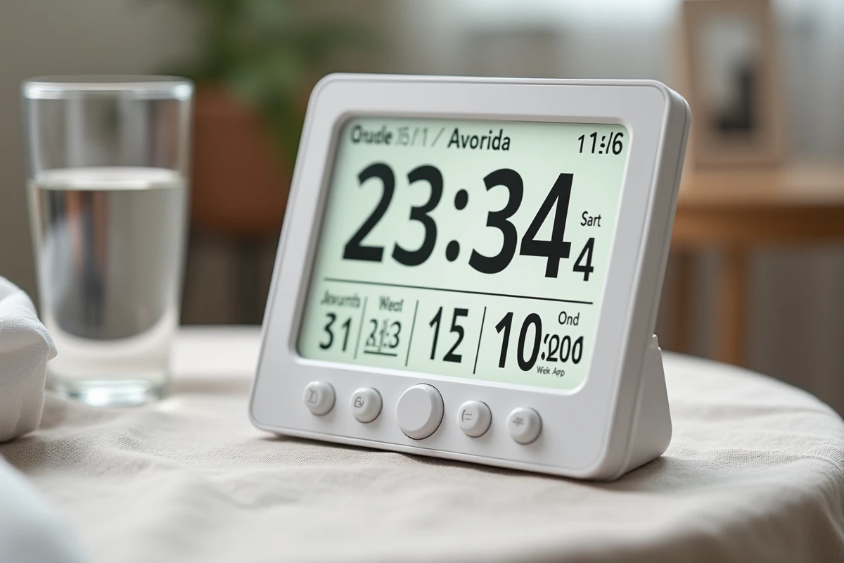 Calendrier électronique pour seniors malvoyants avec grand affichage et touches larges posé sur une table
