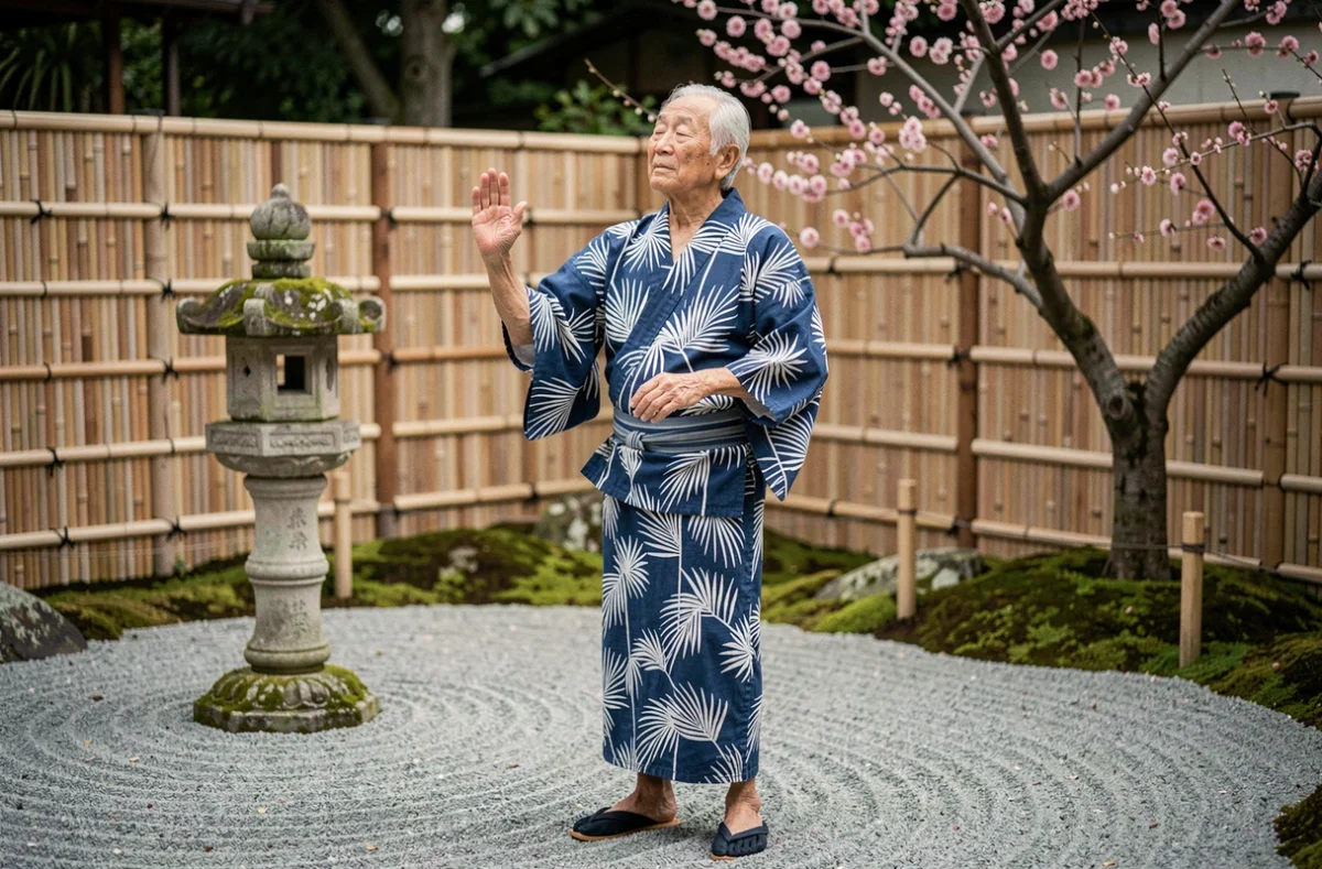 Homme centenaire okinawaïen pratiquant le tai chi dans un jardin traditionnel japonais, symbole de longévité en zone bleue