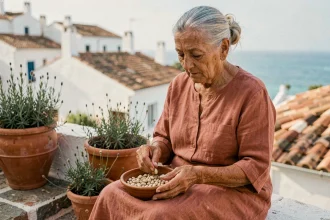 Femme centenaire dans une zone bleue méditerranéenne épluchant des légumes sur une terrasse en pierre avec vue sur la mer