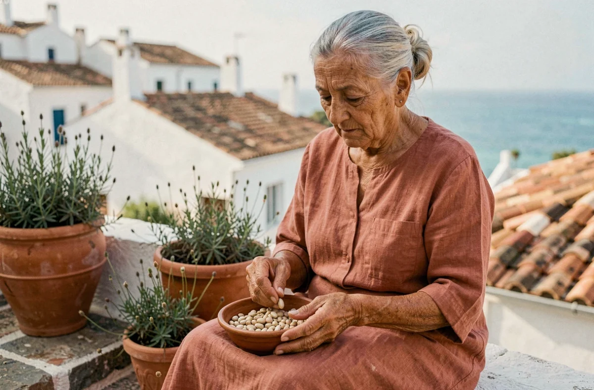 Femme centenaire dans une zone bleue méditerranéenne épluchant des légumes sur une terrasse en pierre avec vue sur la mer