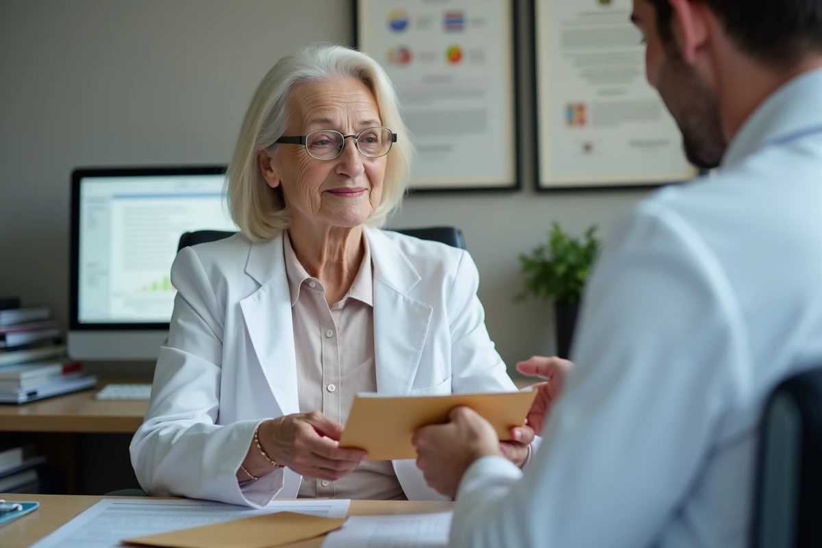Un médecin généraliste remet un certificat médical récent à une patiente âgée pour appuyer sa demande de réévaluation du GIR