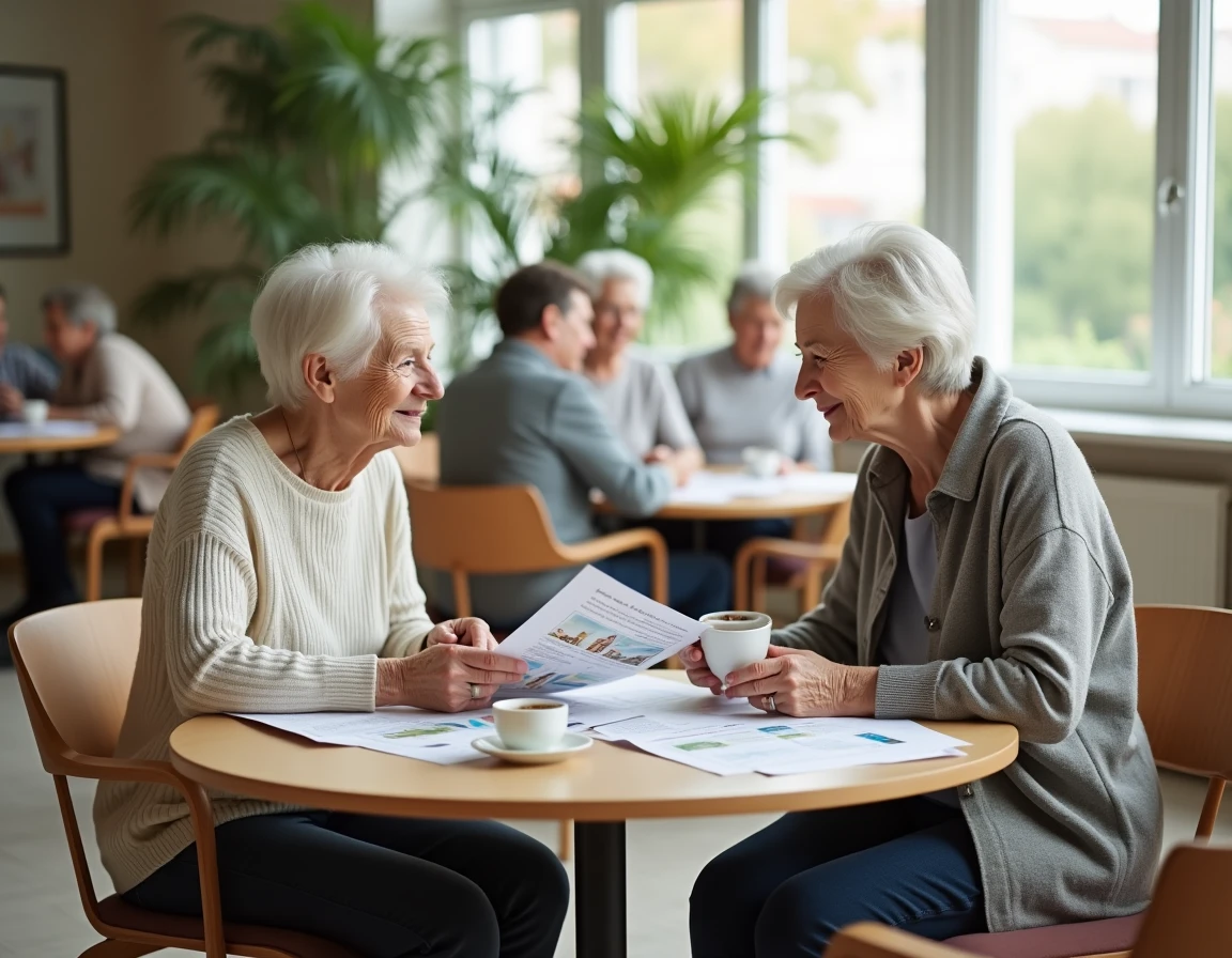 Fille et mère âgée comparant des brochures sur les résidences seniors et les maisons de retraite médicalisées, illustrant le choix entre Domitys et un EHPAD