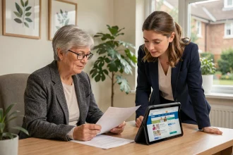 Famille et coordinatrice de soins comparant des maisons de retraite médicalisées sur une tablette dans un bureau de résidence senior