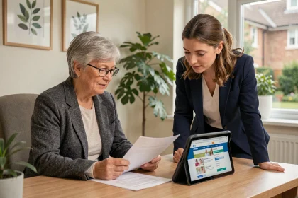 Famille et coordinatrice de soins comparant des maisons de retraite médicalisées sur une tablette dans un bureau de résidence senior