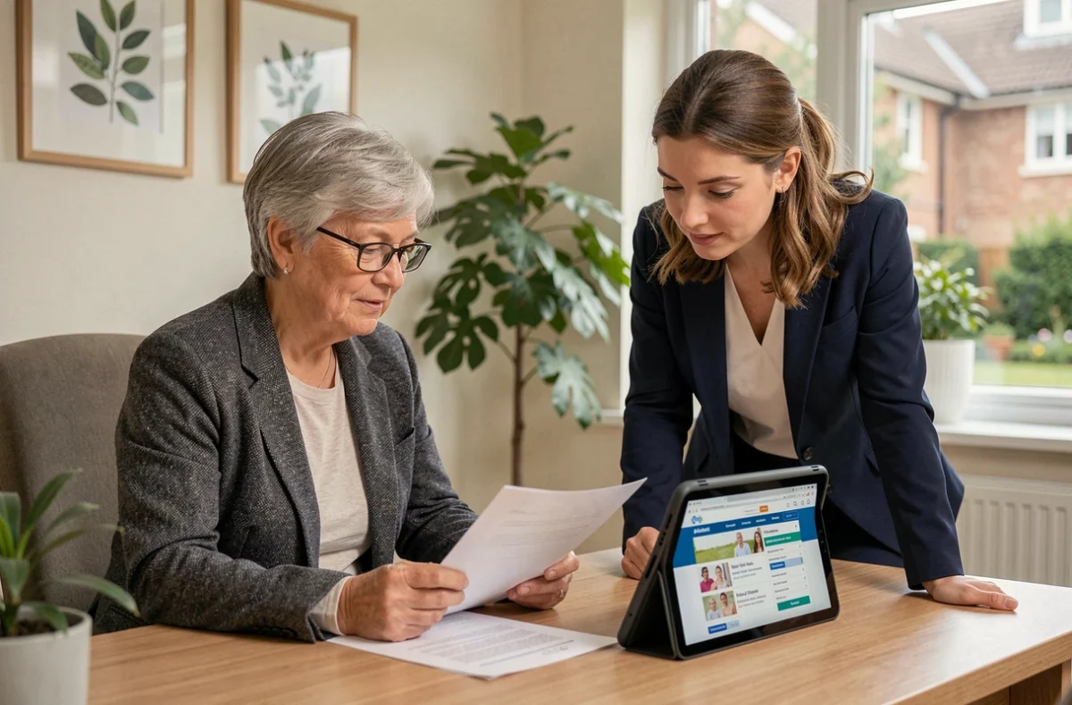 Famille et coordinatrice de soins comparant des maisons de retraite médicalisées sur une tablette dans un bureau de résidence senior