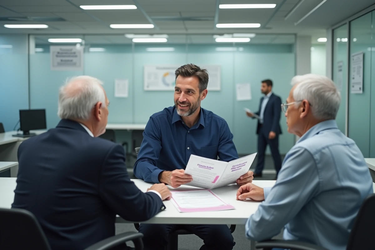 Conseiller de la CNAV expliquant les droits à la retraite à un couple de seniors dans une agence