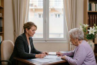 Conseillère funéraire aidant une senior à planifier ses obsèques dans un bureau chaleureux à Marseille