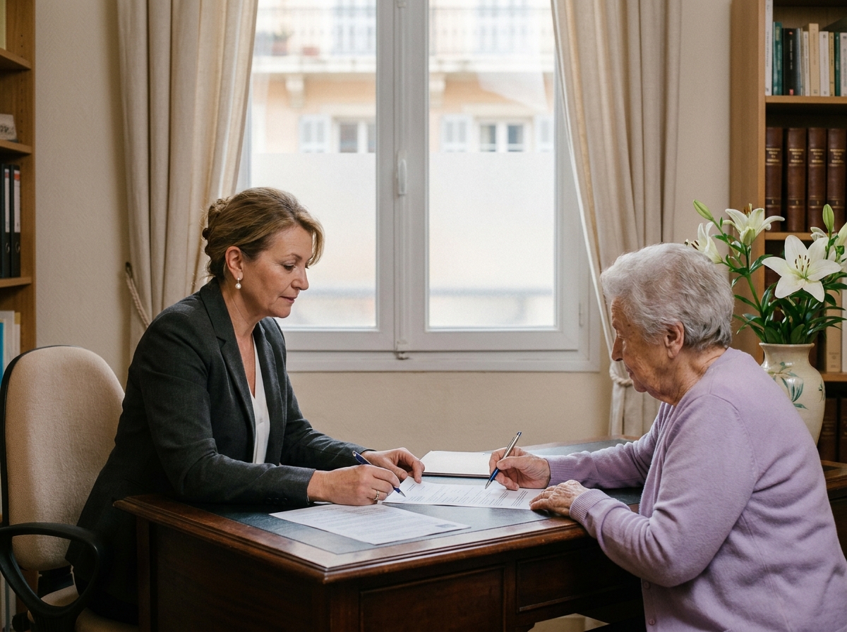 Conseillère funéraire aidant une senior à planifier ses obsèques dans un bureau chaleureux à Marseille