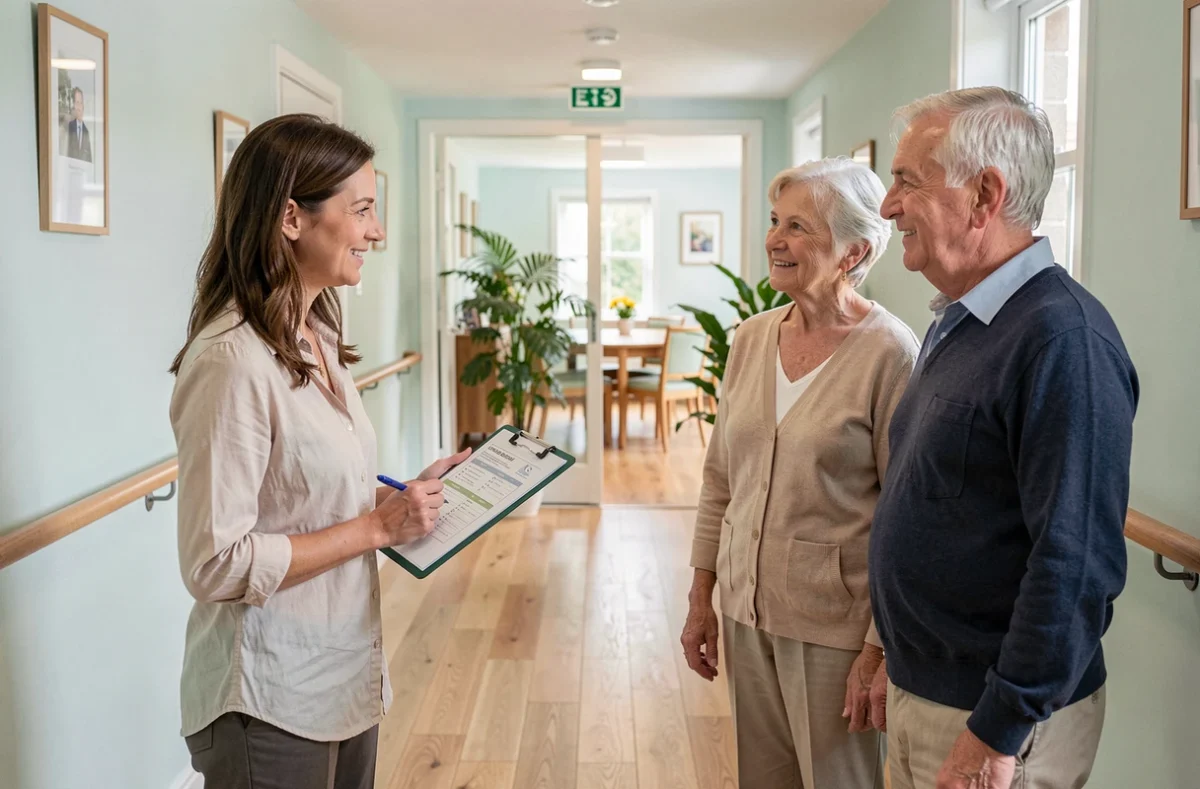 Conseillère en établissement de soins présentant des options de maison de retraite médicalisée à un couple lors d'une visite de résidence senior