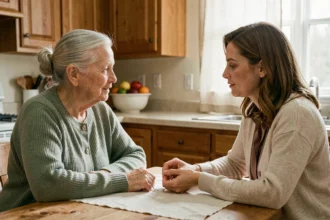 Fille adulte discutant avec sa mère âgée d'un bracelet anti chute sans abonnement autour d'une table de cuisine