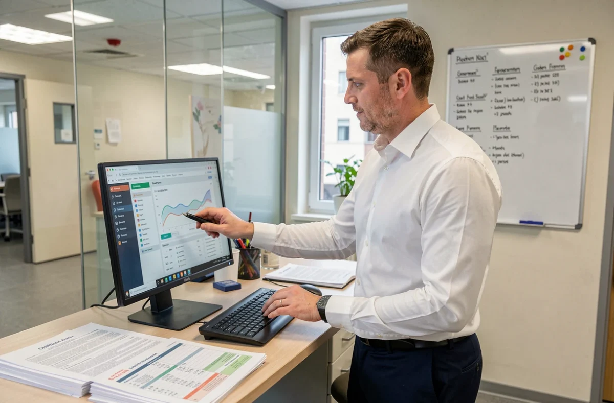 Coordinateur de soins dans un bureau d'EHPAD consultant un logiciel de gestion Gestea-senior.fr pour optimiser le suivi des résidents et l'organisation des équipes