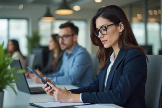 Coordinatrice de soins à domicile consultant un logiciel de gestion des intervenants sur tablette dans un bureau moderne