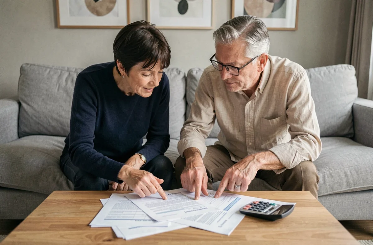 Couple de quinquagénaires analysant ensemble leur relevé de carrière retraite dans leur salon pour repérer les meilleures années cotisées