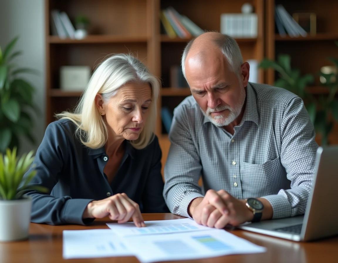 Couple de quinquagénaires consultant un conseiller financier pour optimiser leurs droits à la retraite Agirc-Arrco avec des périodes d'inactivité