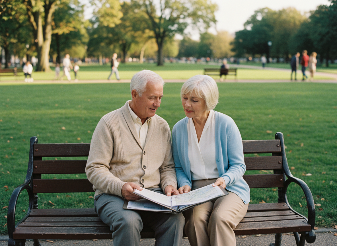 Couple senior discutant dans un parc en plein air