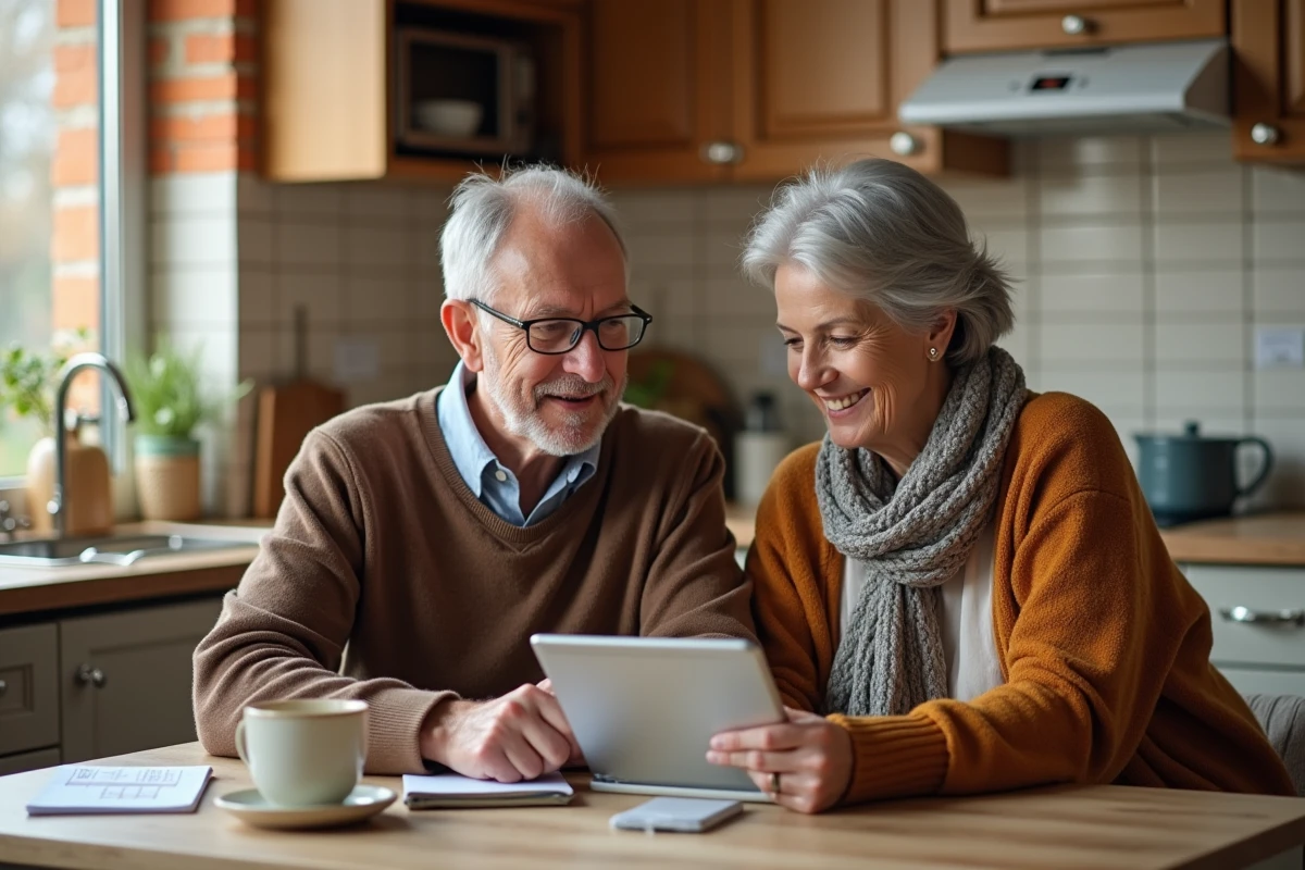 Couple de retraités de 60 ans calculant leurs revenus de retraite sur une tablette à la table de cuisine, planifiant l'optimisation financière avant la revalorisation retraite 2026