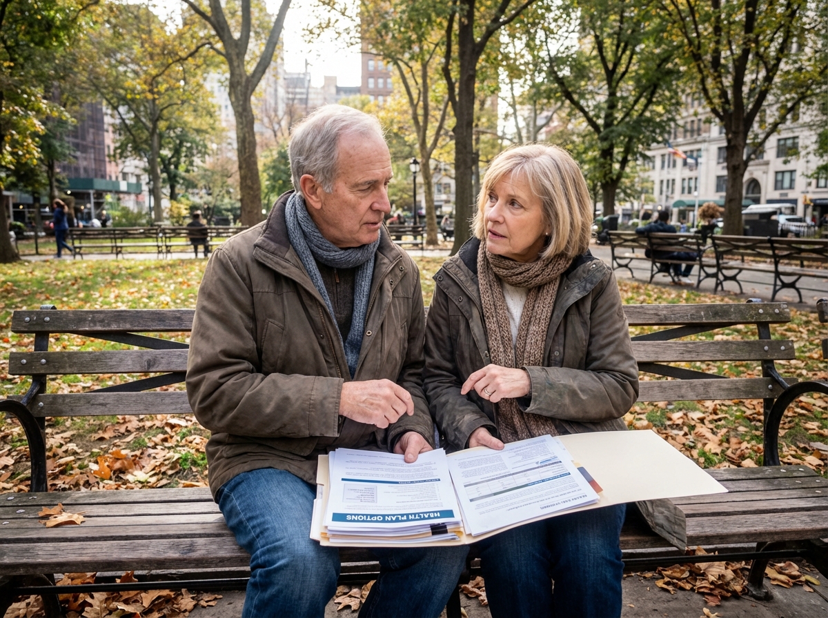 Couple retraité discutant de documents de santé dans un parc