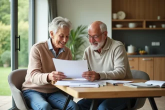Couple retraité souriant en famille à la maison