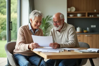 Couple retraité souriant en famille à la maison