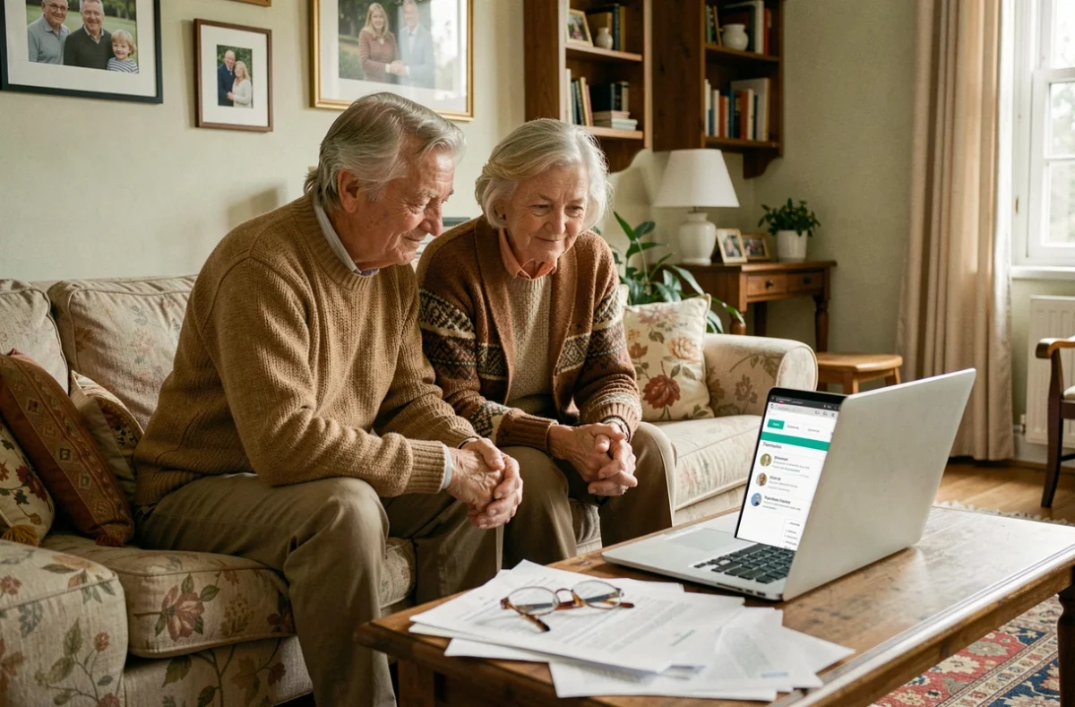 Couple de retraités consultant leur espace personnel Agirc-Arrco en ligne depuis leur salon