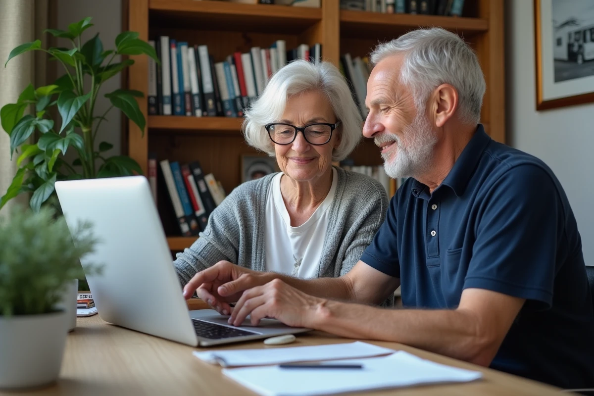 Couple de retraités consultant le site des impôts en ligne sur un ordinateur portable dans leur bureau à domicile